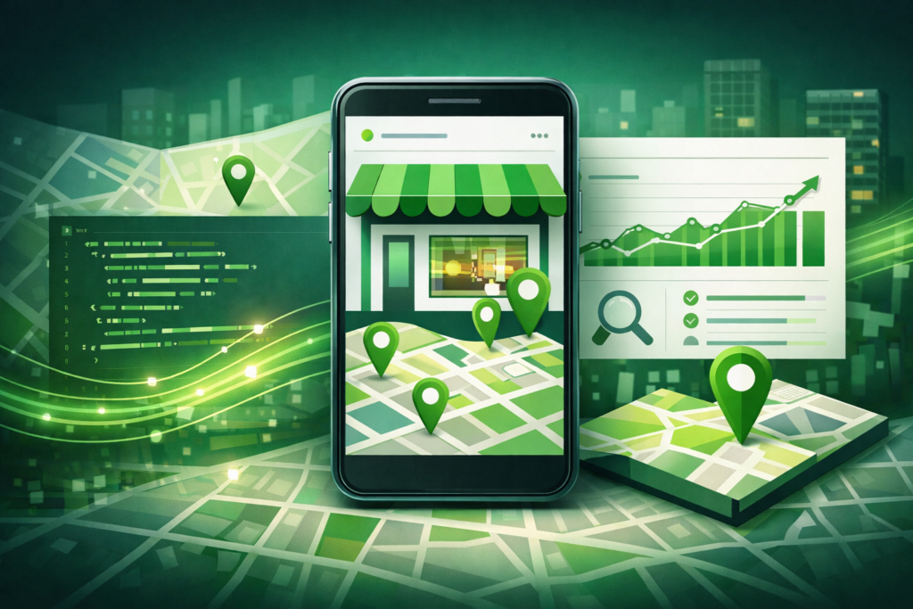 Mobilna strona lokalnej firmy z przyciskiem telefonu i mapą dojazdu