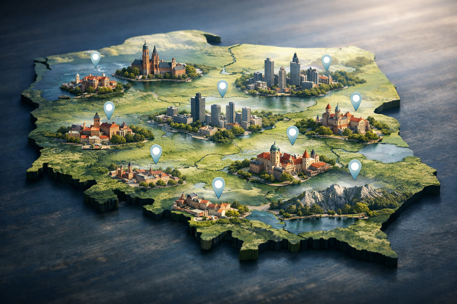 Mapa Polski ze znacznikami lokalizacji miast